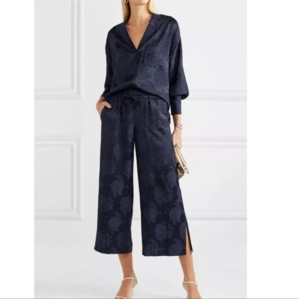 Vince Floral Jacquard Culottes Wide Leg Drawstring Navy Size XL